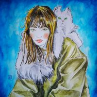 Girl and cat 40x40cm Ecoline and Micron Marker